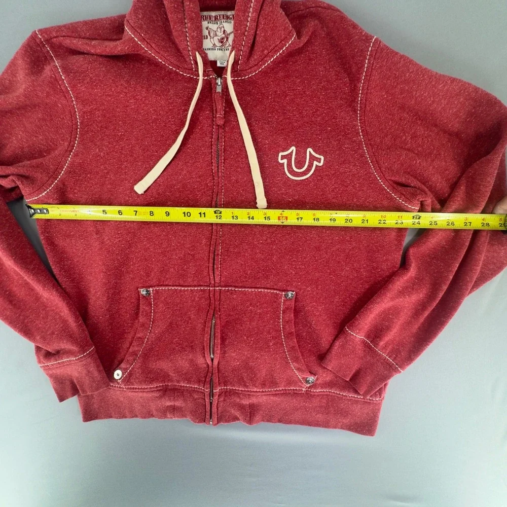 True Religion Mens Red Heather Zip Up Hoodie Contrast Stitch Logo 2XL XXL